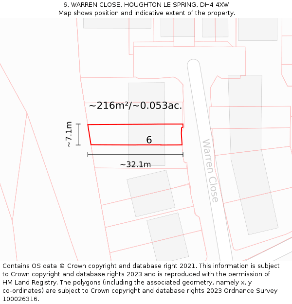 6, WARREN CLOSE, HOUGHTON LE SPRING, DH4 4XW: Plot and title map