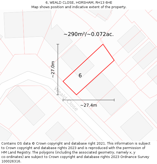 6, WEALD CLOSE, HORSHAM, RH13 6HE: Plot and title map