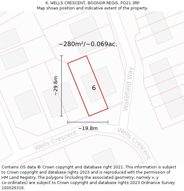 6, WELLS CRESCENT, BOGNOR REGIS, PO21 3RP: Plot and title map