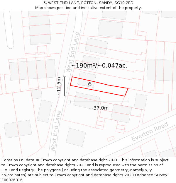 6, WEST END LANE, POTTON, SANDY, SG19 2RD: Plot and title map