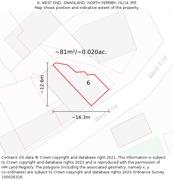 6, WEST END, SWANLAND, NORTH FERRIBY, HU14 3PE: Plot and title map