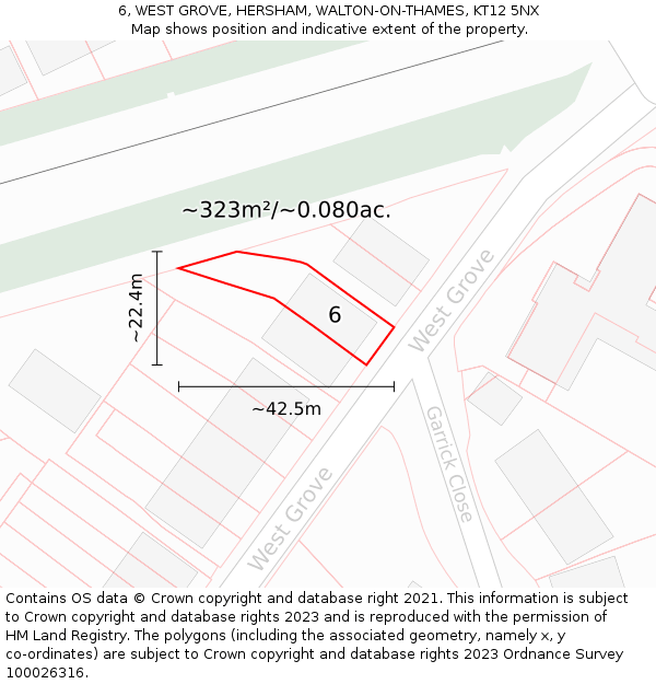 6, WEST GROVE, HERSHAM, WALTON-ON-THAMES, KT12 5NX: Plot and title map