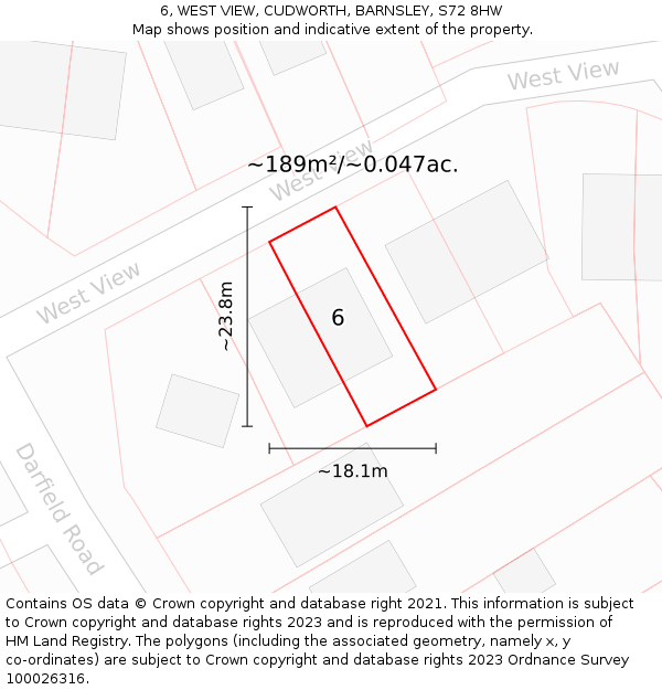 6, WEST VIEW, CUDWORTH, BARNSLEY, S72 8HW: Plot and title map