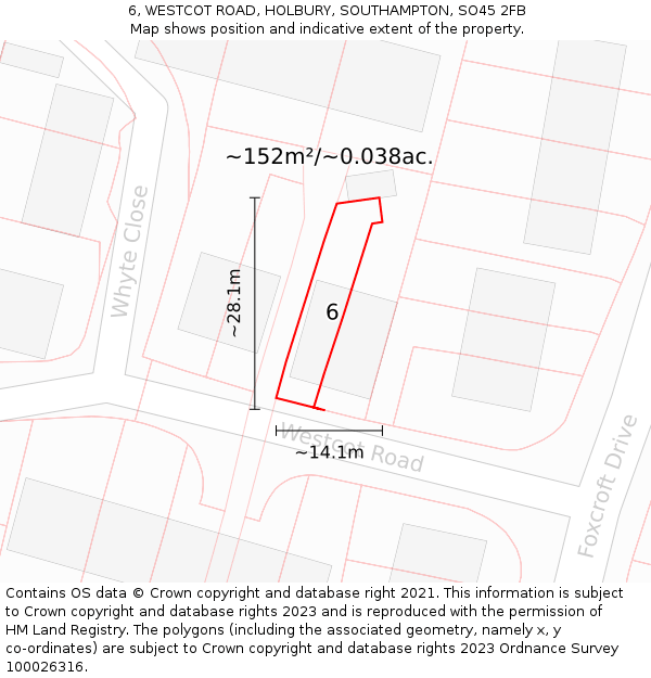 6, WESTCOT ROAD, HOLBURY, SOUTHAMPTON, SO45 2FB: Plot and title map