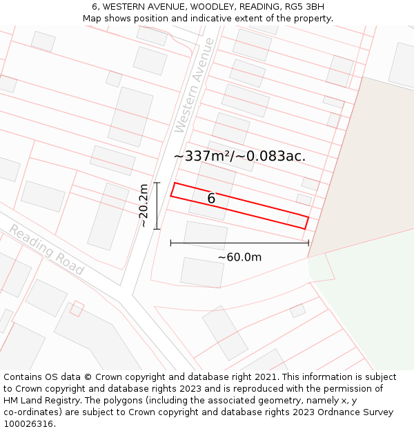 6, WESTERN AVENUE, WOODLEY, READING, RG5 3BH: Plot and title map