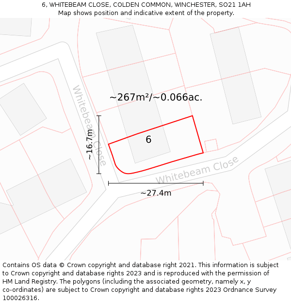 6, WHITEBEAM CLOSE, COLDEN COMMON, WINCHESTER, SO21 1AH: Plot and title map