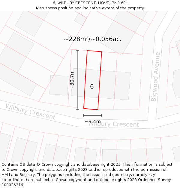 6, WILBURY CRESCENT, HOVE, BN3 6FL: Plot and title map