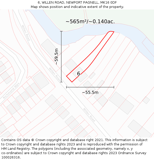 6, WILLEN ROAD, NEWPORT PAGNELL, MK16 0DF: Plot and title map