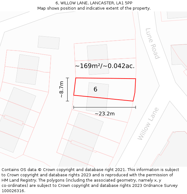 6, WILLOW LANE, LANCASTER, LA1 5PP: Plot and title map