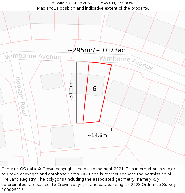 6, WIMBORNE AVENUE, IPSWICH, IP3 8QW: Plot and title map