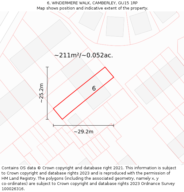 6, WINDERMERE WALK, CAMBERLEY, GU15 1RP: Plot and title map