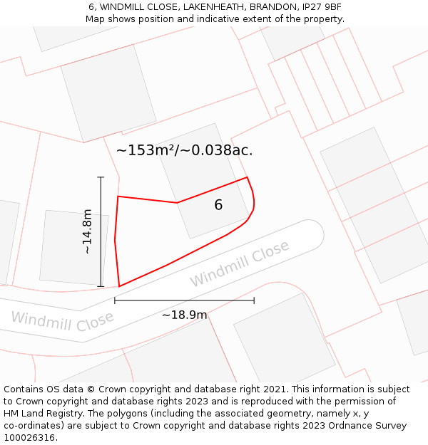 6, WINDMILL CLOSE, LAKENHEATH, BRANDON, IP27 9BF: Plot and title map