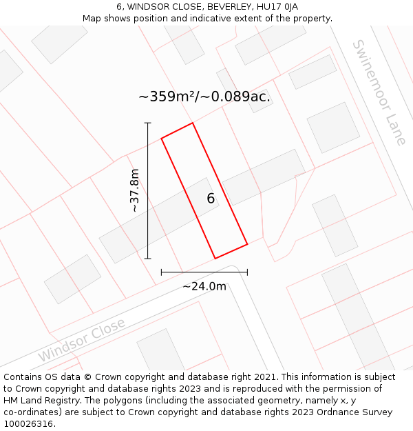 6, WINDSOR CLOSE, BEVERLEY, HU17 0JA: Plot and title map