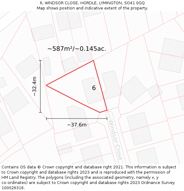 6, WINDSOR CLOSE, HORDLE, LYMINGTON, SO41 0GQ: Plot and title map