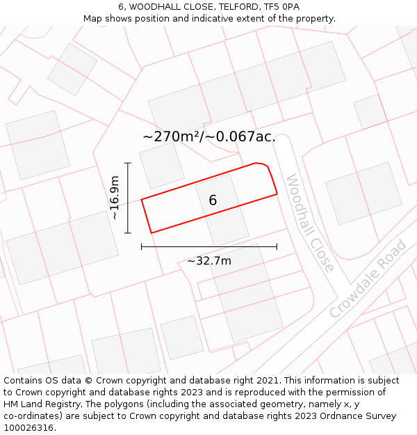 6, WOODHALL CLOSE, TELFORD, TF5 0PA: Plot and title map