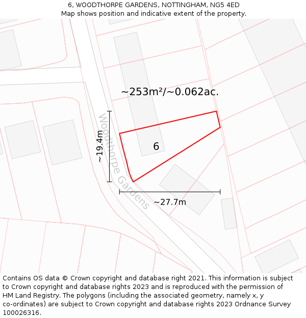 6, WOODTHORPE GARDENS, NOTTINGHAM, NG5 4ED: Plot and title map