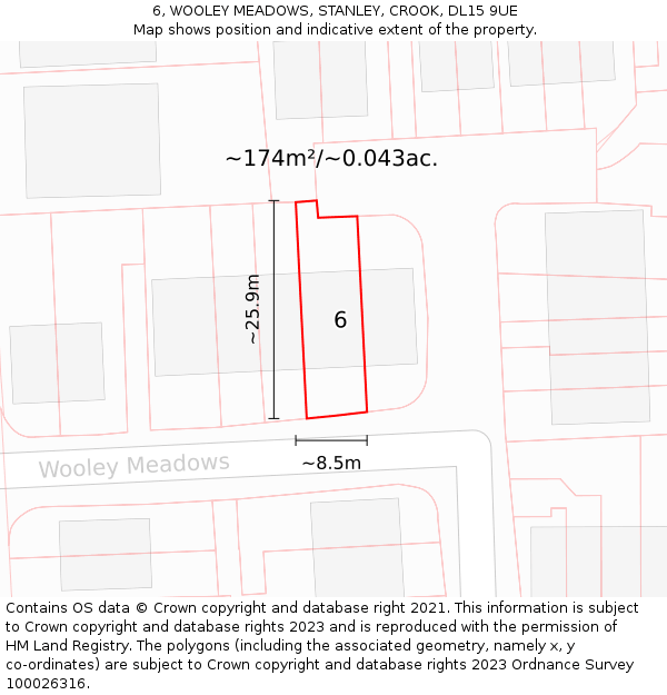 6, WOOLEY MEADOWS, STANLEY, CROOK, DL15 9UE: Plot and title map
