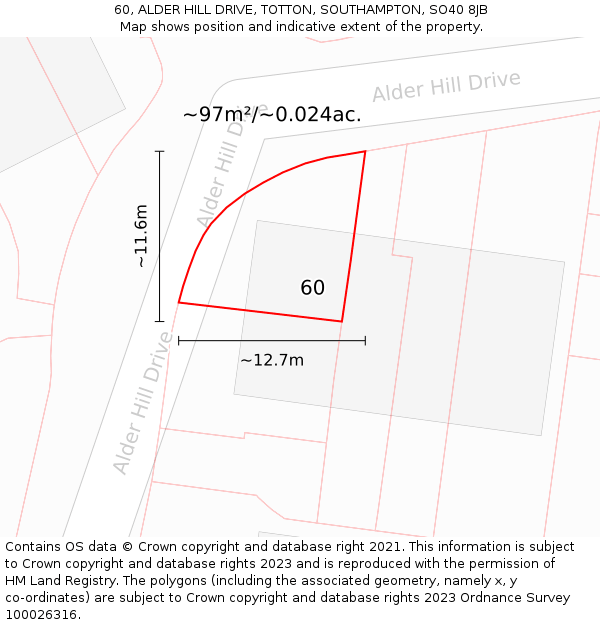 60, ALDER HILL DRIVE, TOTTON, SOUTHAMPTON, SO40 8JB: Plot and title map