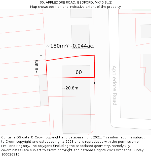 60, APPLEDORE ROAD, BEDFORD, MK40 3UZ: Plot and title map