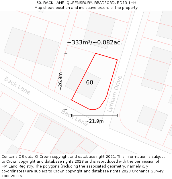 60, BACK LANE, QUEENSBURY, BRADFORD, BD13 1HH: Plot and title map