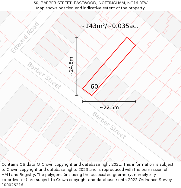 60, BARBER STREET, EASTWOOD, NOTTINGHAM, NG16 3EW: Plot and title map