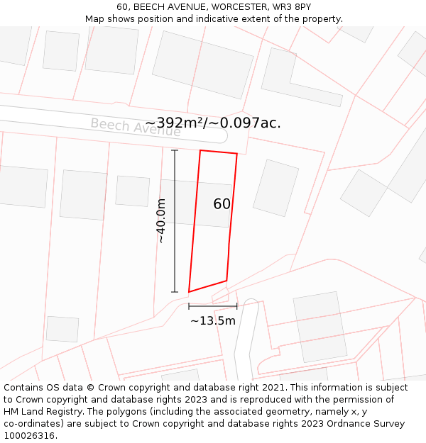 60, BEECH AVENUE, WORCESTER, WR3 8PY: Plot and title map