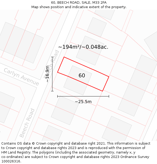 60, BEECH ROAD, SALE, M33 2FA: Plot and title map