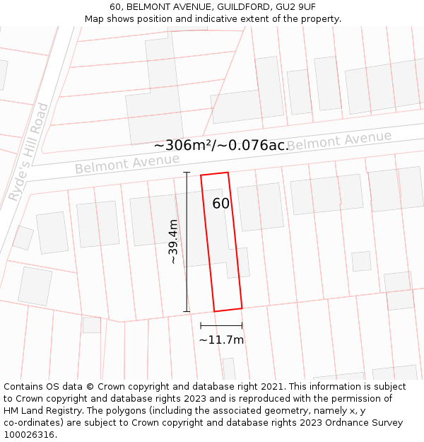 60, BELMONT AVENUE, GUILDFORD, GU2 9UF: Plot and title map