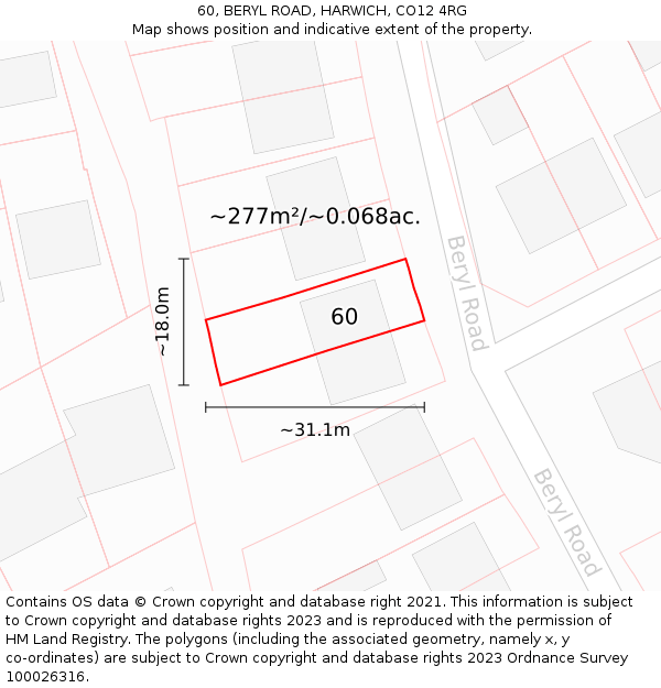 60, BERYL ROAD, HARWICH, CO12 4RG: Plot and title map