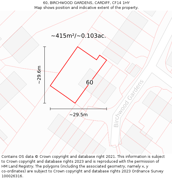 60, BIRCHWOOD GARDENS, CARDIFF, CF14 1HY: Plot and title map