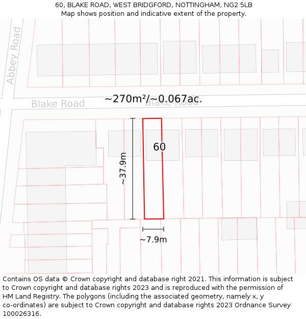 60, BLAKE ROAD, WEST BRIDGFORD, NOTTINGHAM, NG2 5LB: Plot and title map