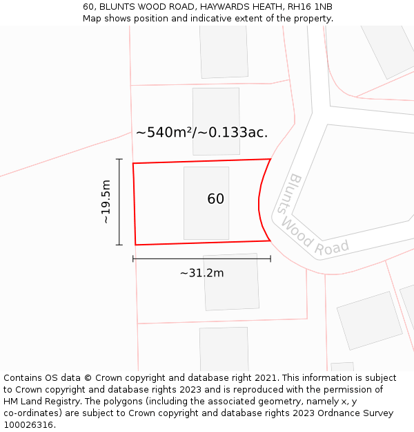 60, BLUNTS WOOD ROAD, HAYWARDS HEATH, RH16 1NB: Plot and title map