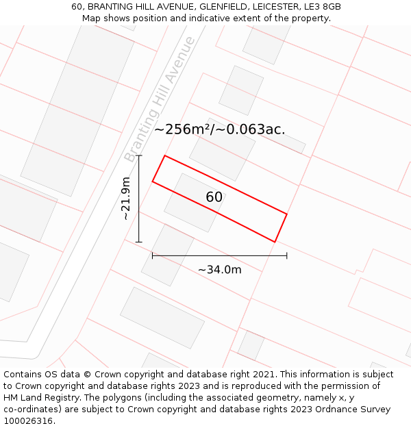 60, BRANTING HILL AVENUE, GLENFIELD, LEICESTER, LE3 8GB: Plot and title map