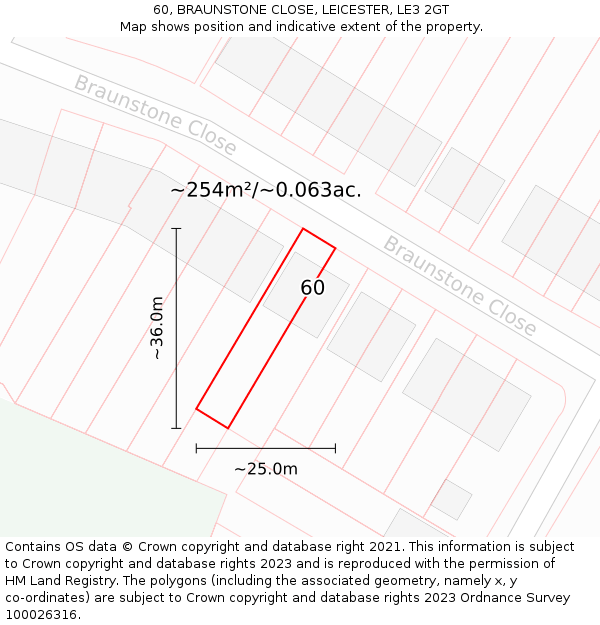 60, BRAUNSTONE CLOSE, LEICESTER, LE3 2GT: Plot and title map