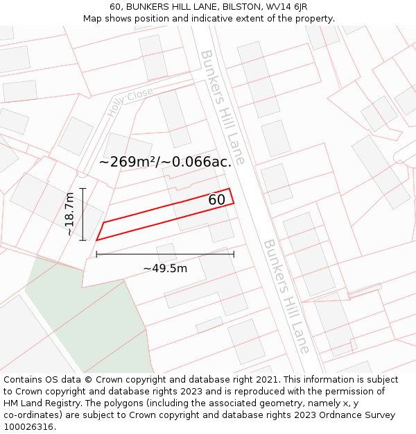 60, BUNKERS HILL LANE, BILSTON, WV14 6JR: Plot and title map