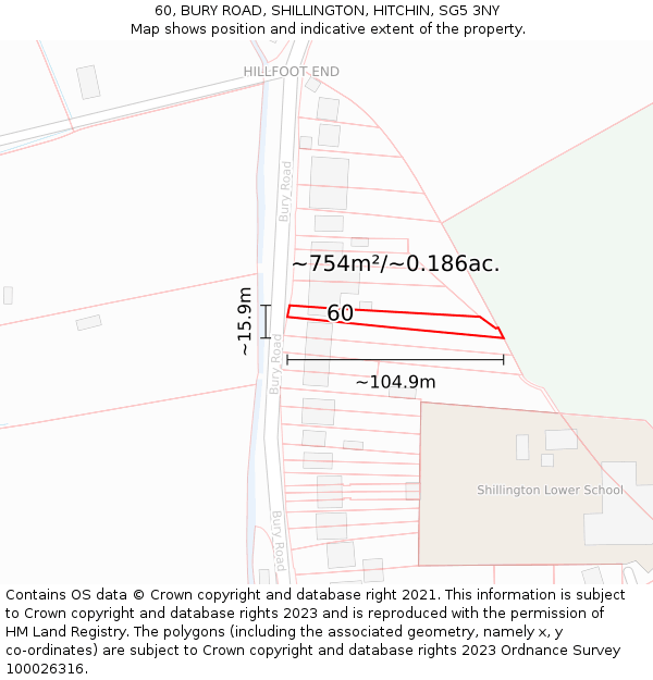 60, BURY ROAD, SHILLINGTON, HITCHIN, SG5 3NY: Plot and title map