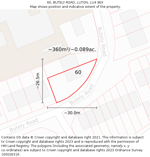 60, BUTELY ROAD, LUTON, LU4 9EX: Plot and title map