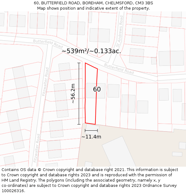 60, BUTTERFIELD ROAD, BOREHAM, CHELMSFORD, CM3 3BS: Plot and title map