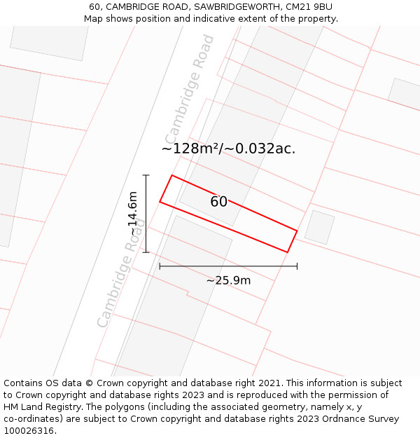 60, CAMBRIDGE ROAD, SAWBRIDGEWORTH, CM21 9BU: Plot and title map