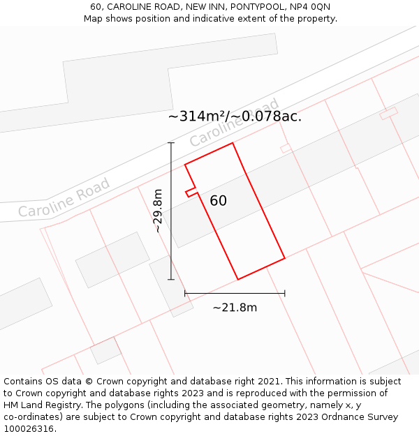 60, CAROLINE ROAD, NEW INN, PONTYPOOL, NP4 0QN: Plot and title map