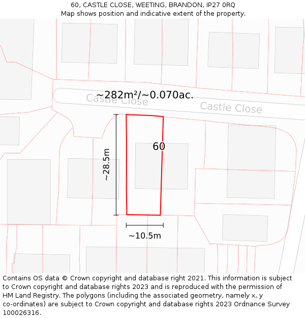 60, CASTLE CLOSE, WEETING, BRANDON, IP27 0RQ: Plot and title map