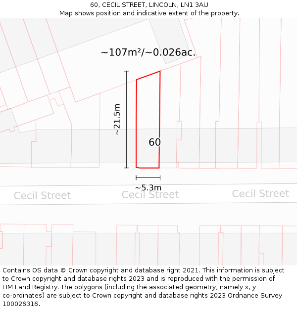 60, CECIL STREET, LINCOLN, LN1 3AU: Plot and title map