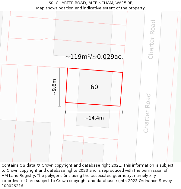 60, CHARTER ROAD, ALTRINCHAM, WA15 9RJ: Plot and title map