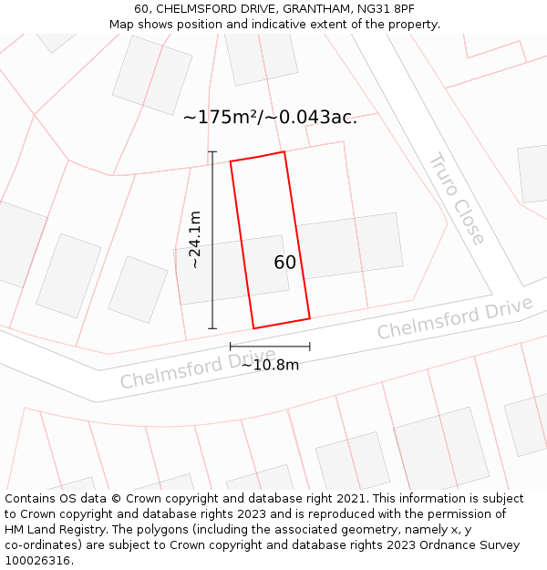 60, CHELMSFORD DRIVE, GRANTHAM, NG31 8PF: Plot and title map