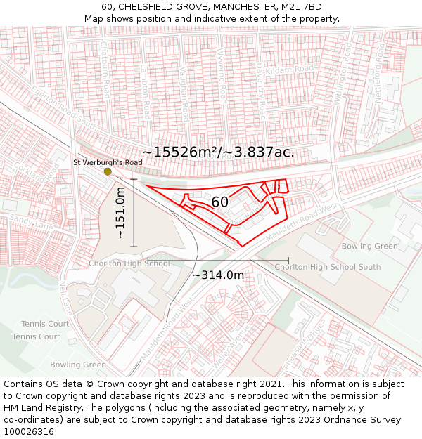 60, CHELSFIELD GROVE, MANCHESTER, M21 7BD: Plot and title map