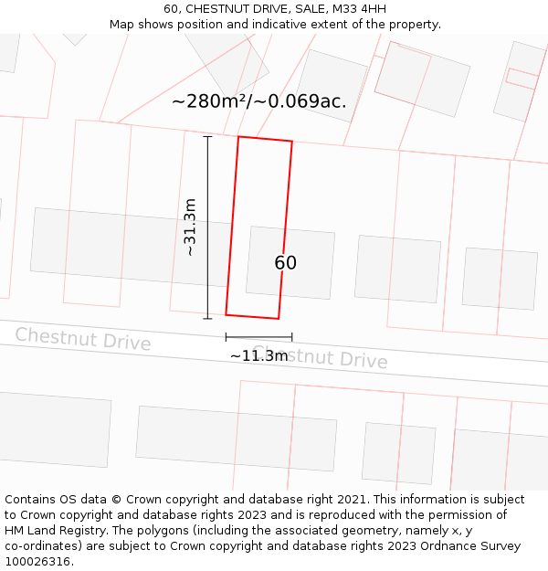 60, CHESTNUT DRIVE, SALE, M33 4HH: Plot and title map