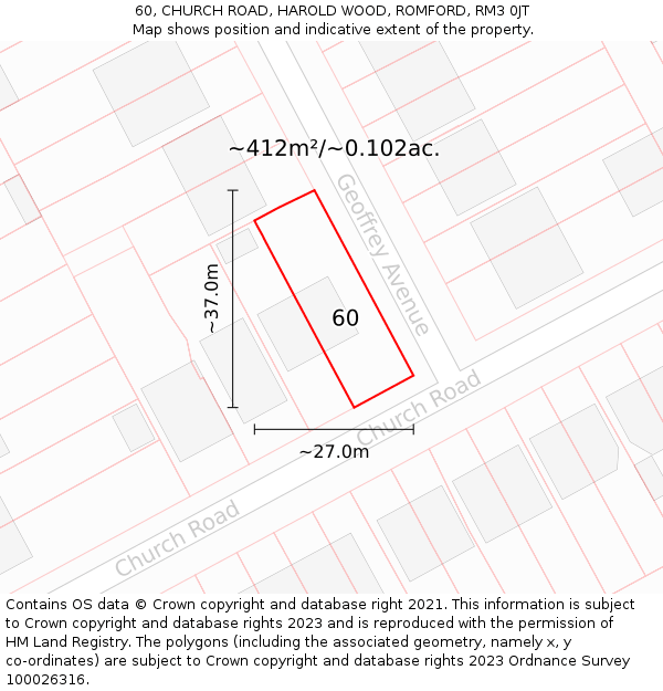 60, CHURCH ROAD, HAROLD WOOD, ROMFORD, RM3 0JT: Plot and title map