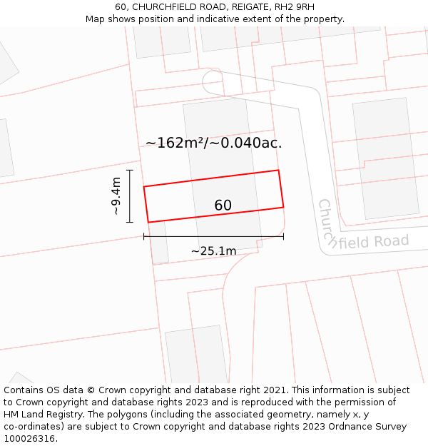 60, CHURCHFIELD ROAD, REIGATE, RH2 9RH: Plot and title map