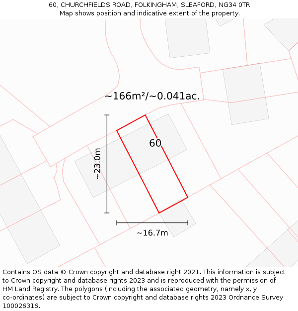 60, CHURCHFIELDS ROAD, FOLKINGHAM, SLEAFORD, NG34 0TR: Plot and title map