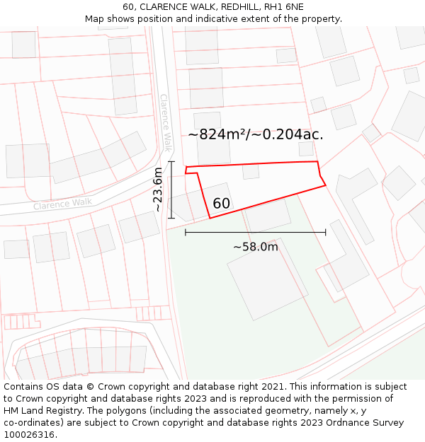60, CLARENCE WALK, REDHILL, RH1 6NE: Plot and title map